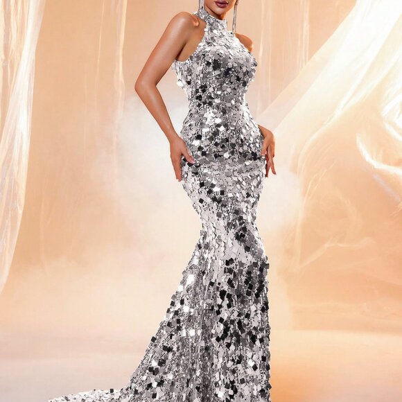 Silver Sexy Women's Sleeveless Backless Sequin Floor Length Evening Gown - Picture 3 of 6